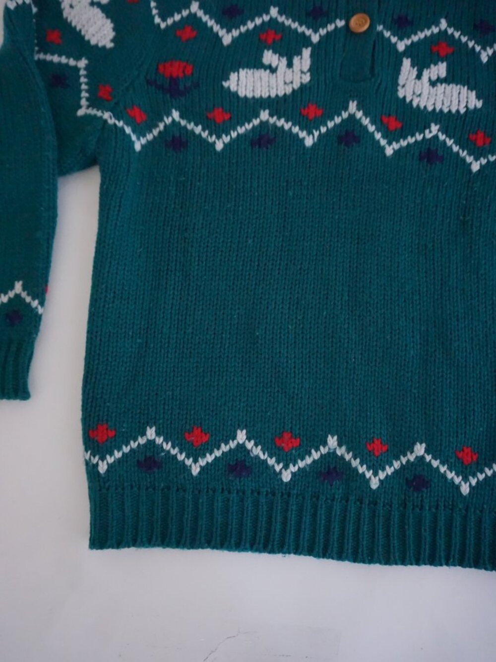 Vintage Bryn Connelly Green Bunny 15% Wool Fair Isle Knit Collared Sweater L - Picture 6 of 10